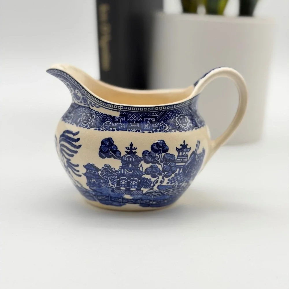 Vintage Blue Willow Pattern Ceramic Creamer Pitcher Blue White Chinoiserie